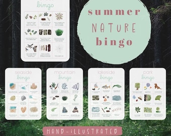 Könnte beinhalten: Ein Set aus fünf Natur-Bingo-Karten mit den Titeln forest, seaside, mountain, lakeside und park bingo, die handgezeichnete Illustrationen und Anleitungen für Schnitzeljagden enthalten. Ein großer Kreis zeigt summer nature bingo.