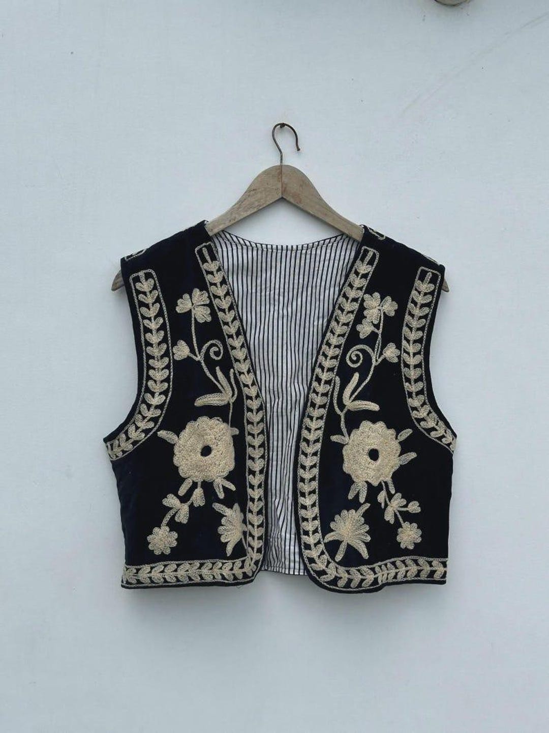 Black Velvet Suzani Vest | Embroidered Floral Boho Waistcoat