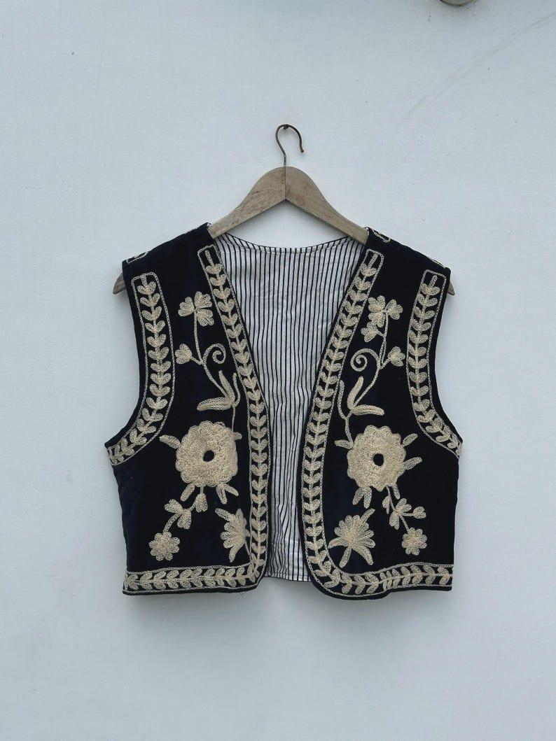 Black Velvet Suzani Vest | Embroidered Floral Boho Waistcoat