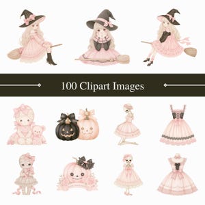 以下が含まれることがあります： ピンクのドレスを着たキャラクター、ほうきに乗った魔女、骸骨、カボチャ、ドレスのイラストが描かれた100種類のデジタルクリップアート画像集。黒いリボンや帽子がアクセントになっており、100 Clipart Imagesというテキストが含まれています。