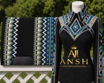 May include: A black long-sleeve shirt and matching saddle pad featuring intricate geometric patterns in teal, white, and gold. The shirt has a decorative collar and chest panel with blue and gold embellishments and the text AJI ANSH INTERNATIONAL.