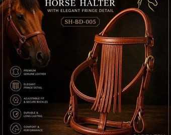 May include: A brown leather horse halter featuring a fringe detail across the noseband, brass-colored metal buckles, and adjustable straps. The text on the image reads PREMIUM LEATHER HORSE HALTER WITH ELEGANT FRINGE DETAIL, SH-BD-005, and SADDLERY HOUSE.