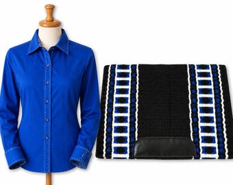 May include: A long-sleeved royal blue button-down shirt with white decorative stitching on the collar and cuffs, displayed alongside a rectangular black felt saddle pad featuring vertical white and blue geometric patterns and a black leather patch.