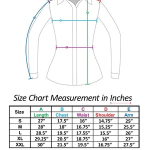 May include: A white button-down shirt with a size chart. The chart displays measurements in inches for length, chest, waist, shoulder, and arm for sizes S, M, L, XL, and XXL. The shirt has long sleeves.