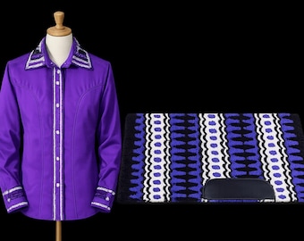 May include: A vibrant purple long-sleeve button-down shirt with white and black patterned trim on the collar and cuffs, displayed alongside a rectangular saddle pad featuring a repeating black, white, and purple geometric pattern.