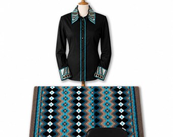 May include: A black long-sleeved button-down shirt with a pointed collar and cuffs featuring turquoise, white, and brown geometric patterns. Below the shirt is a rectangular saddle pad with a repeating turquoise, black, and brown diamond pattern.