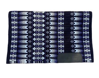 May include: A rectangular horse saddle pad featuring a woven pattern in shades of dark purple, light purple, gray, and white. The design consists of vertical stripes and geometric shapes, with a solid black leather patch on the bottom right corner.