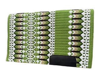 May include: A rectangular saddle pad with a green, white, and tan geometric pattern. The pad has a solid green section on the right and a black leather-like patch at the bottom. The edges are trimmed in green.