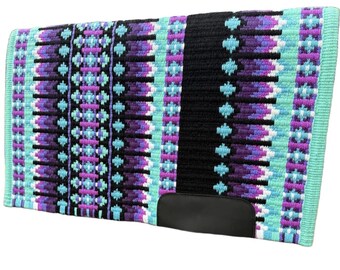 May include: A rectangular horse saddle pad with a black leather bottom. The pad features a woven design with a black center, bordered by turquoise, purple, and white geometric patterns. The edges are finished with a turquoise trim.