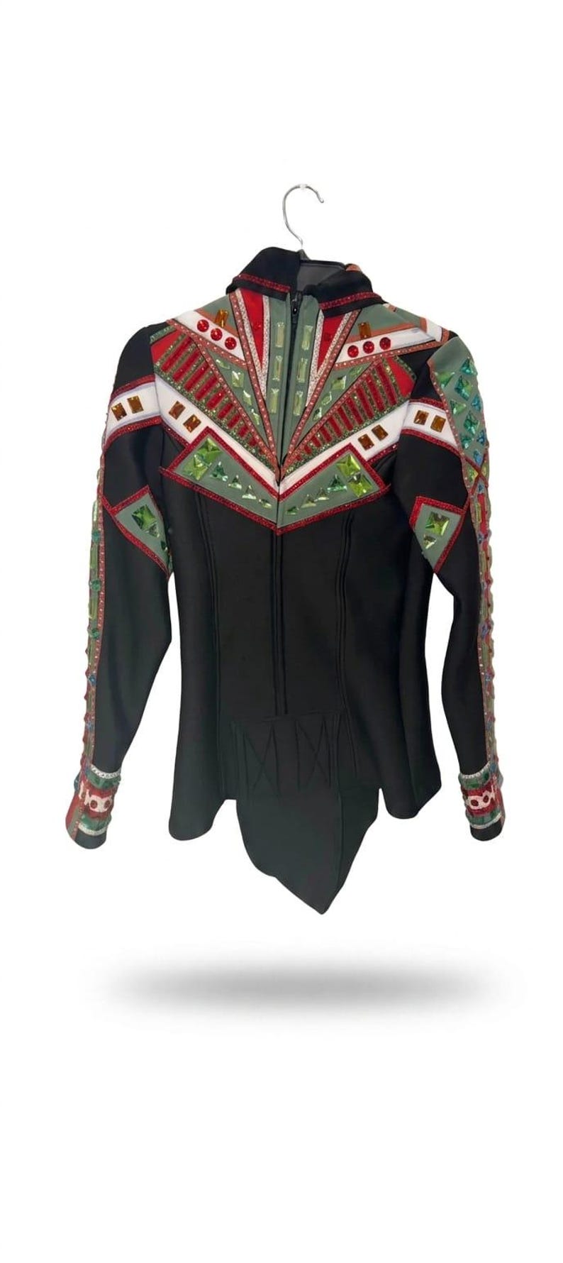 May include: Black jacket with decorative embellishments. The jacket features a high collar, a zipper closure, and a peplum hem. The shoulders and upper chest are adorned with red, green, and white geometric designs. The sleeves are also decorated with colorful accents.