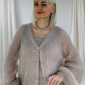 Beige Mohair Cardigan. Oversized Fluffy Knit Sweater. Cozy Handmade Women’s Knitwear.