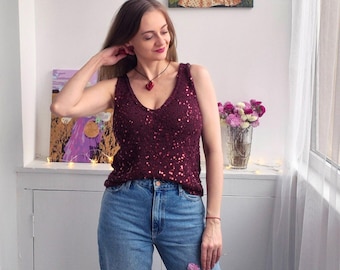 Top de lentejuelas burdeos, camisola de algodón brillante, elegante blusa de fiesta, atuendo para festival, ropa de noche