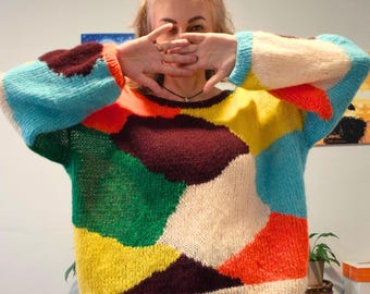 Dopamine Dressing Sweater Women, Colorful Mohair Pullover, Maximalist Knitwear, Artistic Oversized Sweater, Color Therapy Jumper