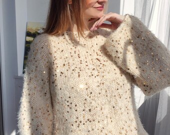 Jersey de punto extragrande color crema con lentejuelas, jersey mullido y acogedor, estilo chic hecho a mano.