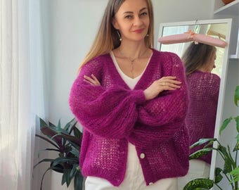 Fuchsia Mohair Cardigan Women | Balloon Sleeve Knit Cardigan | Fluffy Handmade Sweater