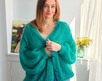 Oversized Mohair Cardigan, Chunky Knit Sweater, Balloon Sleeve Cardigan, Loose Fit Knitwear, Trendy Cozy Outfit