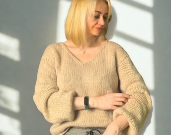 Beige Alpaca Sweater Women, V Neck Knit Pullover, Quiet Luxury Sweater, Old Money Style Knitwear, Soft Alpaca Wool Jumper