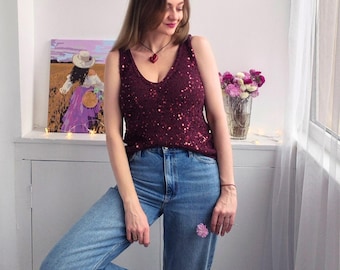 Top de lentejuelas para fiestas, camisola burdeos brillante, camiseta de fiesta de algodón, atuendo para cena navideña