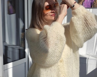 Hand Knit Mohair Cardigan, Soft Fluffy Sweater, Cozy Lightweight Knit, Warm Winter Cardigan, Gift for Her, Aesthetic Outfit