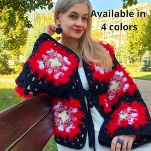 Red Black Granny Square Cardigan, Handmade Floral Crochet Jacket, Colorful Boho Knitwear, Statement Patchwork Sweater, Unique Gift for Her