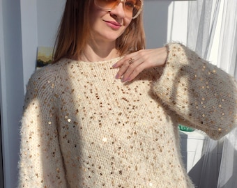 Jersey de lentejuelas color crema, jersey de punto extragrande, jersey suave y brillante, conjunto elegante para el día a día.