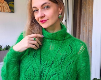 Hand-Knit Mohair Silk Sweater, Bright Green Lace Leaf Pullover