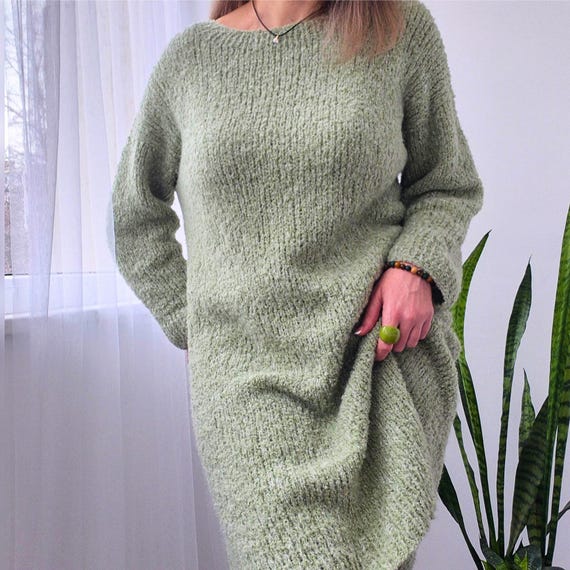 knitted dress mid calf green Handmade Bouclé Alpaca Knit Dress, Sage Sweater Dusty-Sage