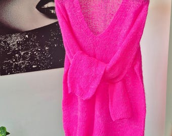 Suéter de telaraña de mohair rosa neón, jersey ligero de punto con cuello en V