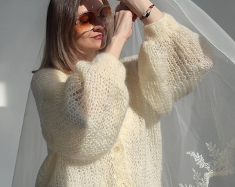Cárdigan nupcial de mohair de lujo, suéter de boda suave y mullido, punto romántico color marfil, elegante prenda para la novia, atuendo de boda de invierno