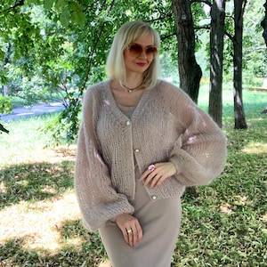 Hand-Knitted Mohair Cardigan, Soft Beige Knit Sweater