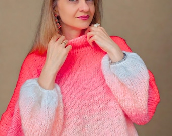 Pink Ombre Sweater Women, Barbiecore Knit Pullover, Dopamine Dressing Outfit, Oversized Mohair Sweater, Soft Girl Aesthetic