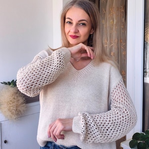 Beige Cotton and Silk Knit Sweater. Wide Fit.V-Neck Pullover with Mesh Stitch Sleeves.Classic Minimalist Style.Handmade Lightweight Sweater