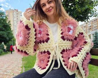 Floral Granny Square Cardigan | Handmade Crochet Jacket | Statement Boho Knitwear