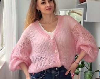 Pink Mohair Cardigan Women | Soft Fluffy Knit Sweater | Oversized Balloon Sleeve Cardigan