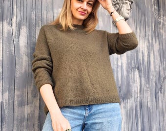 Quiet Luxury Mohair Sweater Women, Minimalist Khaki Pullover, Old Money Knit, Soft Lightweight Sweater, Luxury Everyday Knitwear