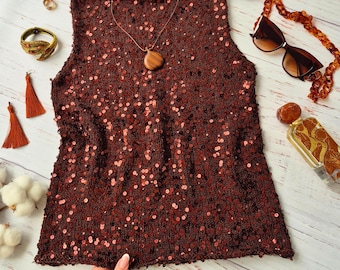 Top de punto con lentejuelas estilo Y2K, camiseta sin mangas marrón brillante, top para festivales, top de punto transparente, top de verano con purpurina, ropa Y2K de moda, top de fiesta