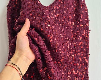 Burgundy Tank Top Women, Fall Outfit Top, Sequin Knit Top, Autumn Aesthetic Top, Cozy Elegant Top, Sleeveless Sweater Top