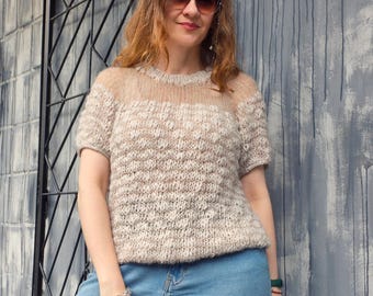 Textured Alpaca Mohair Knit Top, Handmade Boho Sweater, Lightweight Summer Knit Blouse, Artisan Knitwear, Statement Knit Top