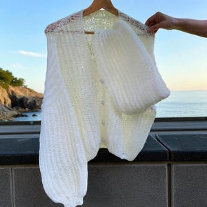 White Button-Up Cardigan | Lightweight Baby Alpaca & Mohair Knit | Soft Airy Oversized Sweater