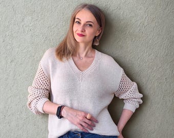 Suéter de punto elegante con mangas caladas / Jersey de mezcla de algodón y seda