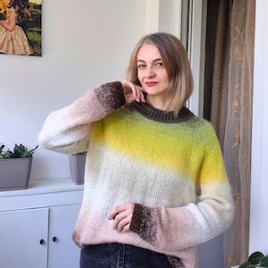 Hand-Knit Mohair Rainbow Sweater, Oversized Colorful Striped Jumper