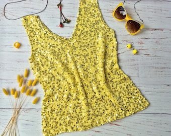 Top sin mangas con lentejuelas para mujer, top de algodón brillante hecho a mano, atuendo para festivales Y2K, top sin mangas con brillo para fiestas, camisa para discotecas y raves de verano.