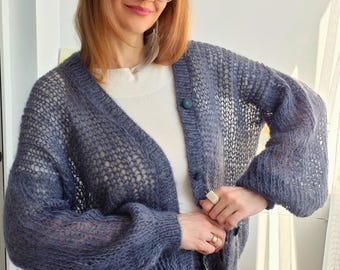 Oversized Mohair Cardigan Women, Gray Knit Cardigan, Cozy Soft Sweater, Chunky Button Cardigan, Minimalist Slouchy Cardigan