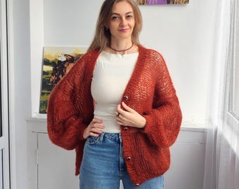 Minimal Mohair Cardigan, Lightweight Knit Sweater, Soft Everyday Cardigan, Simple Aesthetic Outfit, Handmade Knitwear