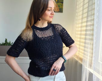 Black Mohair Knit Top Women, Sheer Knit Sweater, Handmade Gothic Chic Top, Lightweight Short Sleeve Pullover, Elegant Black Knitwear
