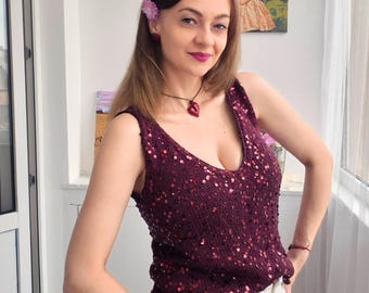 Top de lentejuelas burdeos, camisola de algodón brillante, conjunto para fiesta de festival, camiseta de tirantes brillante