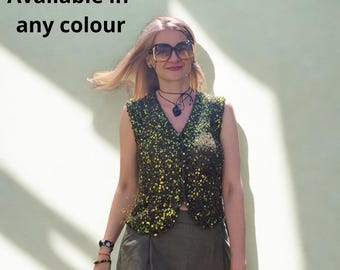 Top de punto con lentejuelas estilo Y2K, conjunto brillante para festivales, top de punto transparente, top de verano con purpurina, top de fiesta hecho a mano, conjunto para raves, ropa moderna estilo Y2K.