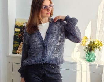 Cozy Oversized Cardigan Women, Gray Mohair Sweater, Fall Knit Cardigan, Soft Slouchy Cardigan, Chunky Button Sweater