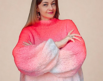 Suéter romántico de mohair ombré: tejido extragrande suave y esponjoso, jersey femenino con degradado