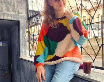 Color Block Mohair Sweater Women | Oversized Alpaca Knit Pullover | Artistic Handmade Statement Sweater
